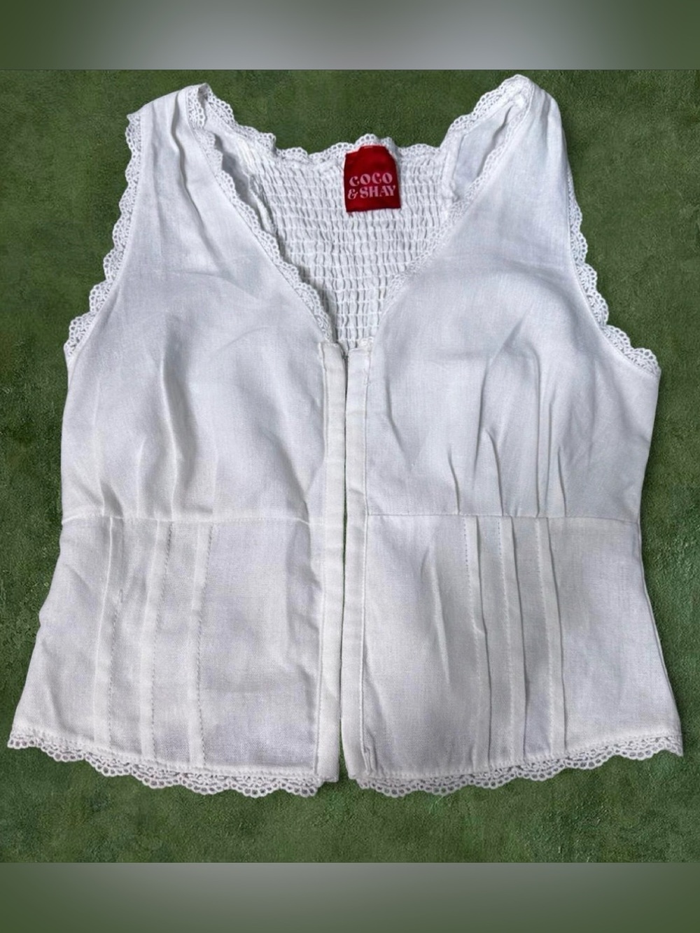 COCO & SHAY White Lace-Trim Cotton Blend Sleeveless Blouse